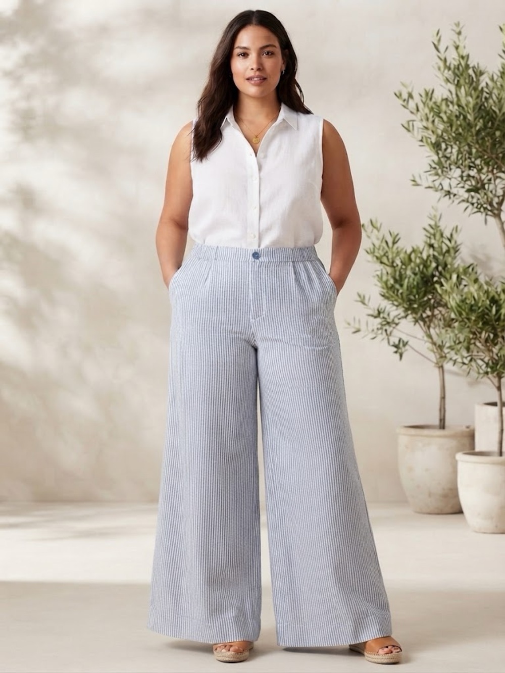AERIE Wide-Leg Cotton Seersucker Pants in Light Blue & White Stripes - XL LONG